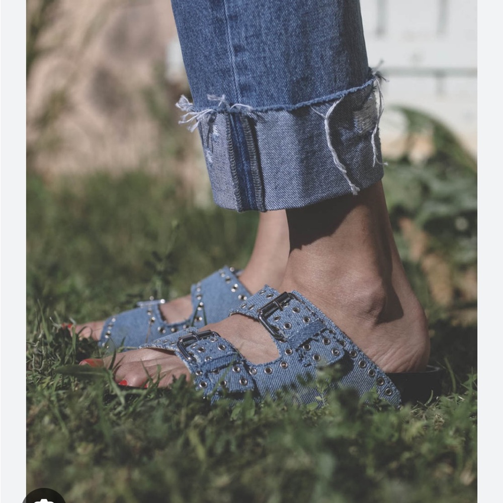 Isabel Marant Lennyo Suede Eyelets Faded Blue Denim Slide Sandals